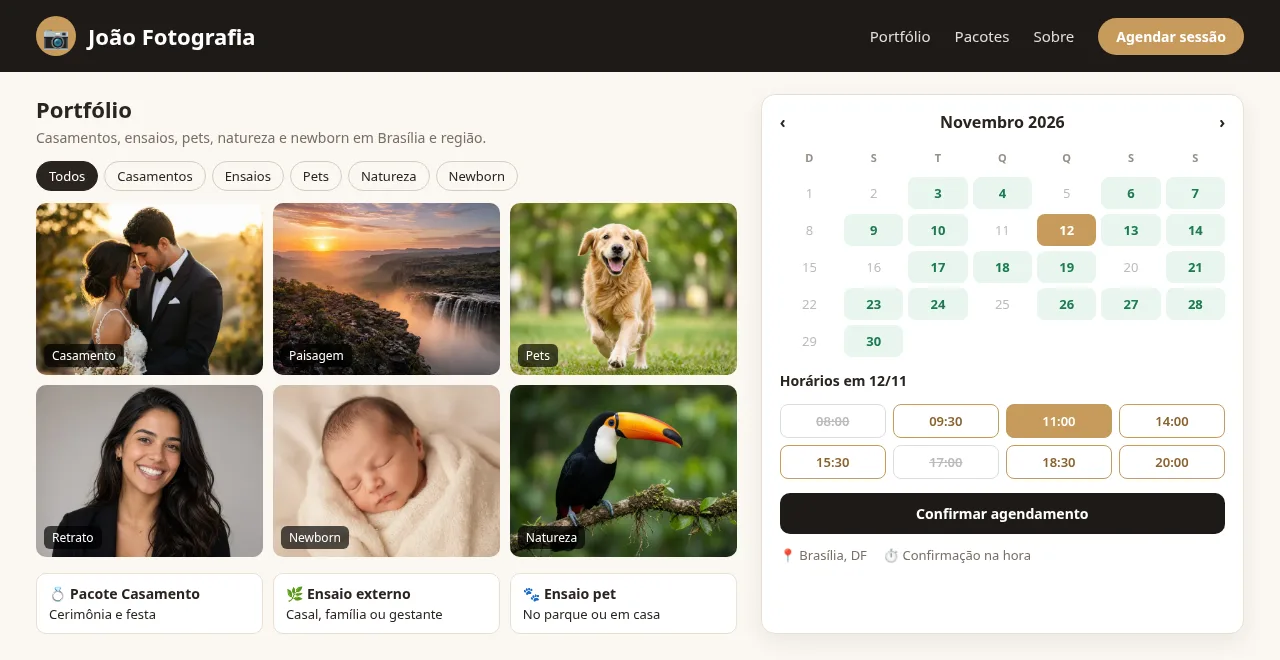 Exemplo: página e agenda online de um fotógrafo